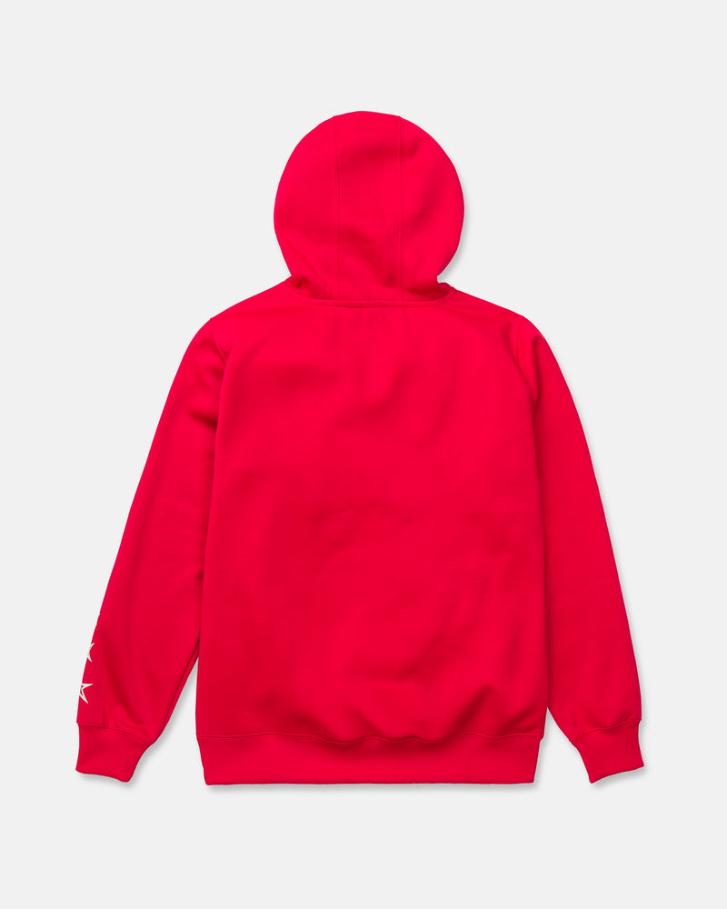 A plain red Volcom Kids’ Youth Hydro Fleece Hoodie is displayed from the back against a white background. The hoodie features ribbed cuffs on the sleeves and hem, with no visible design apart from a small white pattern on the left sleeve. Made from hydrophobic fleece, it provides enhanced comfort and moisture protection.