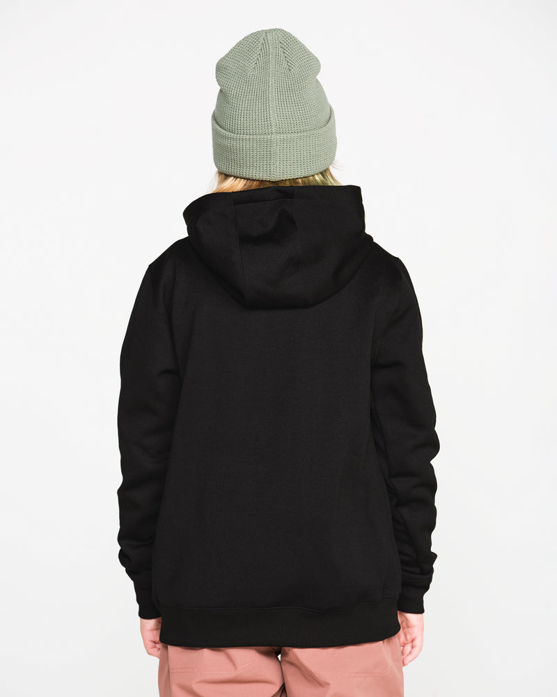 A person is seen from behind against a plain white background, wearing a green knit beanie, light brown pants, and the Volcom Kids’ Youth Hydro Fleece Hoodie in black.