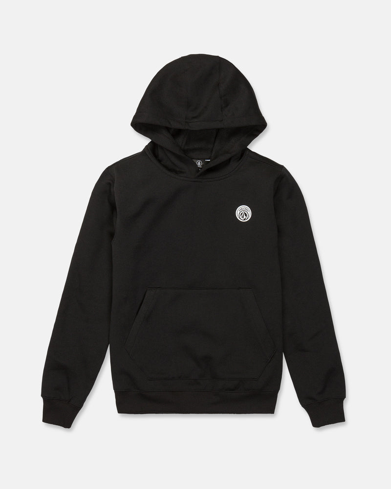A plain black Kids’ Youth Hydro Fleece Hoodie by Volcom, featuring a small white circular logo on the left chest, a front pocket, and a hood made from soft hydrophobic fleece, displayed against a white background.