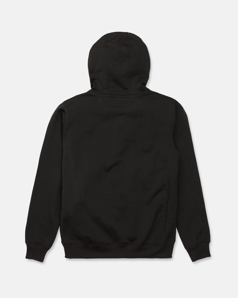 The Volcom Kids’ Youth Hydro Fleece Hoodie is shown from the back against a white background, featuring a plain black design with long sleeves, ribbed cuffs and hem. This youth hoodie is crafted from hydrophobic fleece fabric for enhanced comfort and durability.