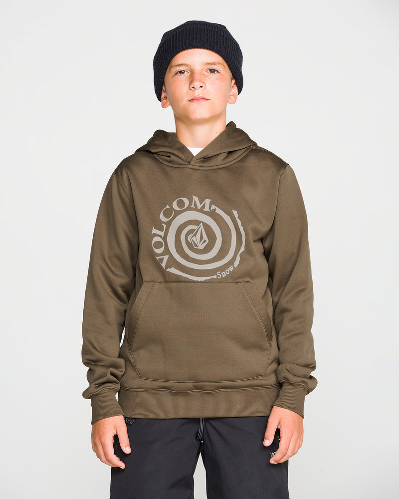 A boy wearing a black beanie and a Volcom Kids’ Youth Hydro Fleece Hoodie in olive green stands facing forward with his hands at his sides against a plain white background. The hoodie, designed by Volcom, features hydrophobic fleece and a convenient handwarmer pocket for added comfort and style.