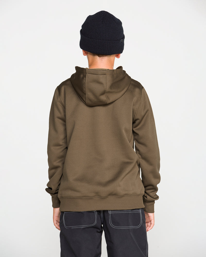 A person stands with their back to the camera against a plain white background, wearing a black beanie, black pants with white stitching, and the Volcom Kids’ Youth Hydro Fleece Hoodie in brown, which features a handwarmer pocket and hydrophobic fleece.