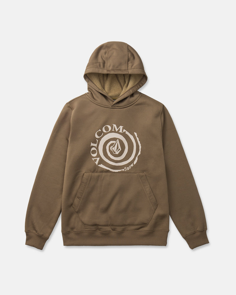 The Volcom Kids’ Youth Hydro Fleece Hoodie is shown laid flat on a white background. Featuring hydrophobic fleece for enhanced comfort, this brown hooded sweatshirt includes a handwarmer pocket, a white VOLCOM logo, and a spiral graphic on the chest.