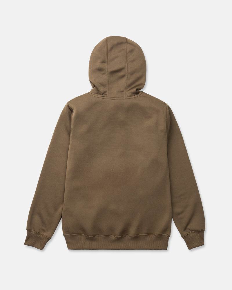 A plain brown Volcom Kids’ Youth Hydro Fleece Hoodie is displayed laid flat, showcasing the back view. Made from hydrophobic fleece, the hoodie’s hood is up and the sleeves are spread to each side. There are no visible logos or designs, and while not shown from this angle, it includes a practical handwarmer pocket on the front.