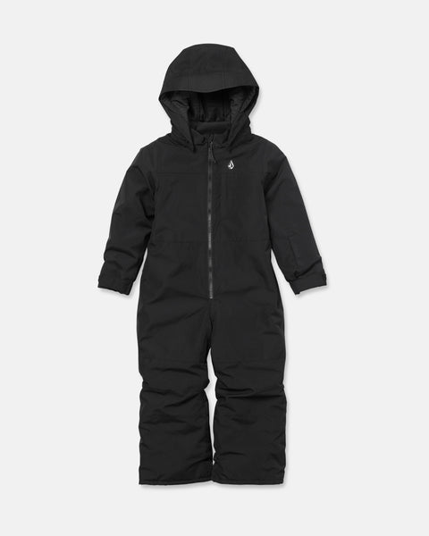 Volcom Kids’ Little Little Flurry One Piece Snow Suit in black, featuring a hood, long sleeves, and a full front zipper, displayed flat on a white background.