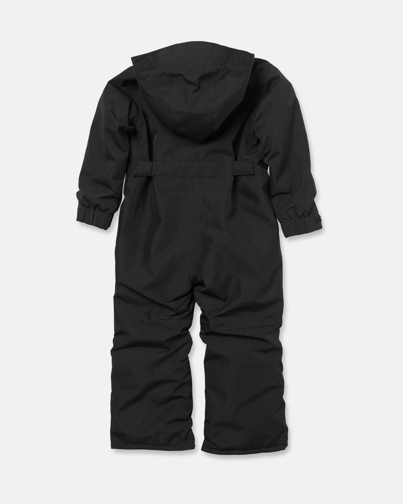 The Volcom Kids’ Little Little Flurry One Piece Snow Suit, shown in black with a hood, long sleeves, and elastic cuffs, is displayed flat on a white background and viewed from the back.