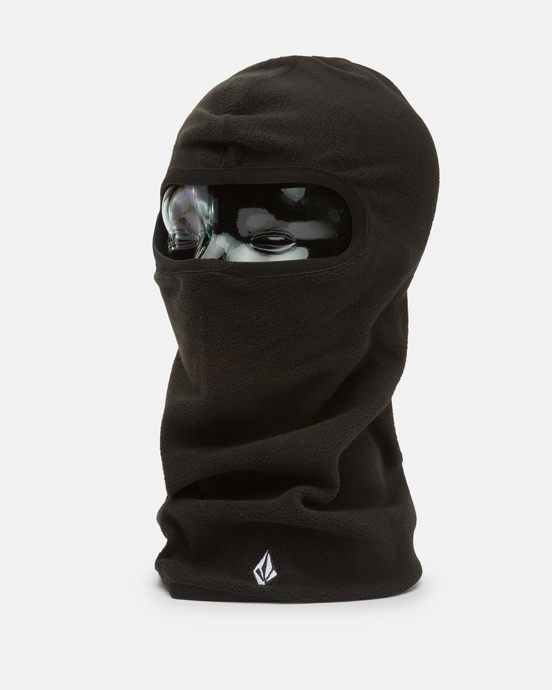 The Volcom Men’s Powclava, crafted from soft black polyester fleece and featuring an eye opening and a small white Volcom logo on the lower front, is displayed on a mannequin head against a plain white background.