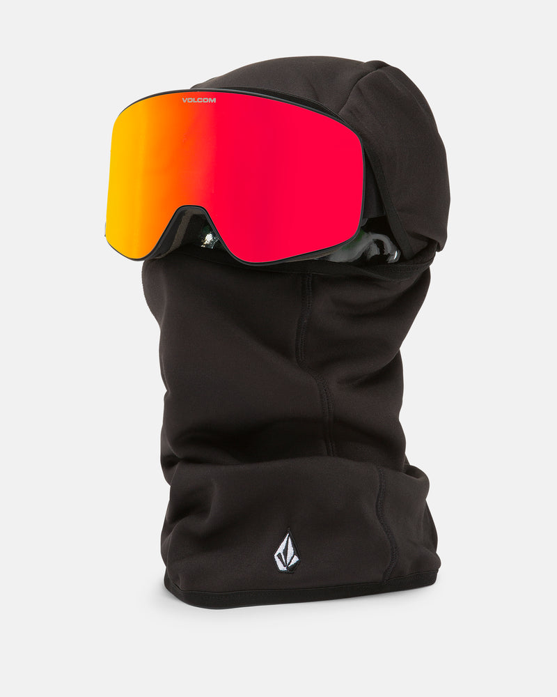 A black Volcom Men’s Face Pow pull-over balaclava is shown alongside a reflective red-orange ski goggle, both displayed on a white background. Featuring a small white Volcom logo on the front, this men’s balaclava combines sleek style with functional fleece warmth—making it an ideal face cover for cold conditions.