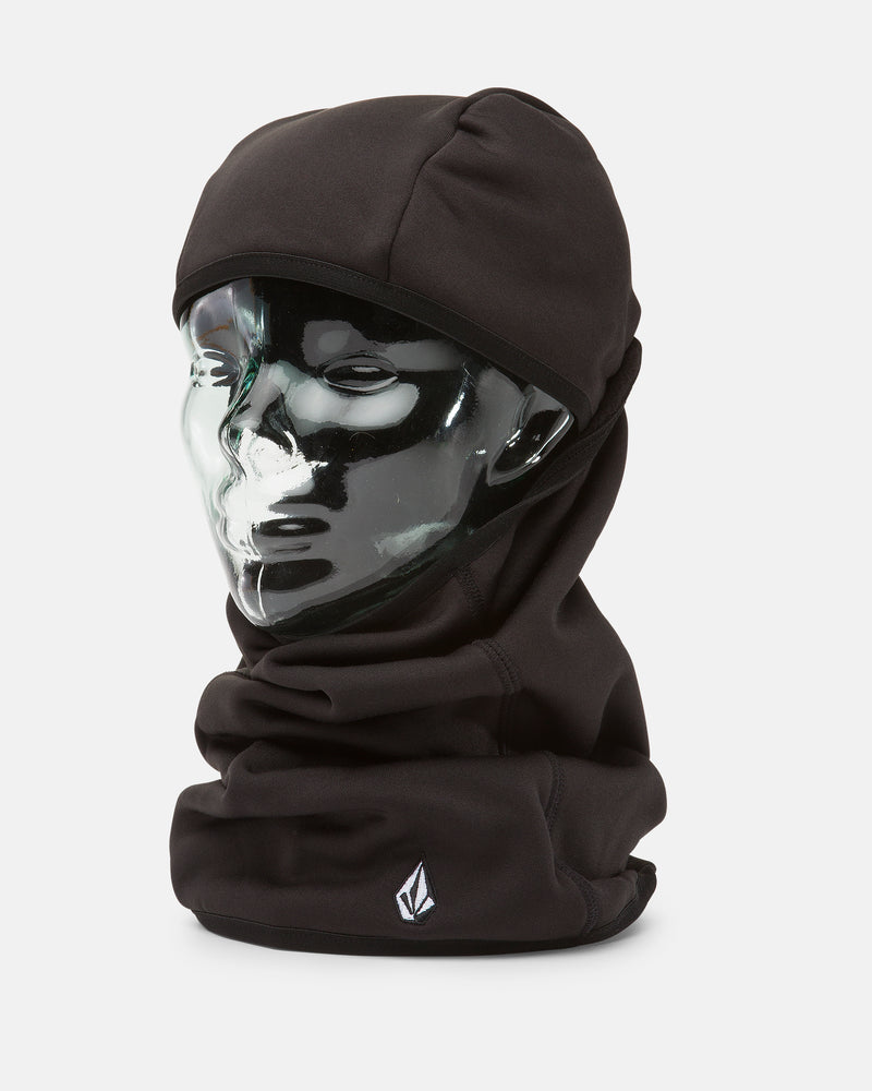 A glass mannequin head displays the Volcom Men’s Face Pow black pull-over balaclava, featuring a small white logo on the neck area, photographed against a plain white background.