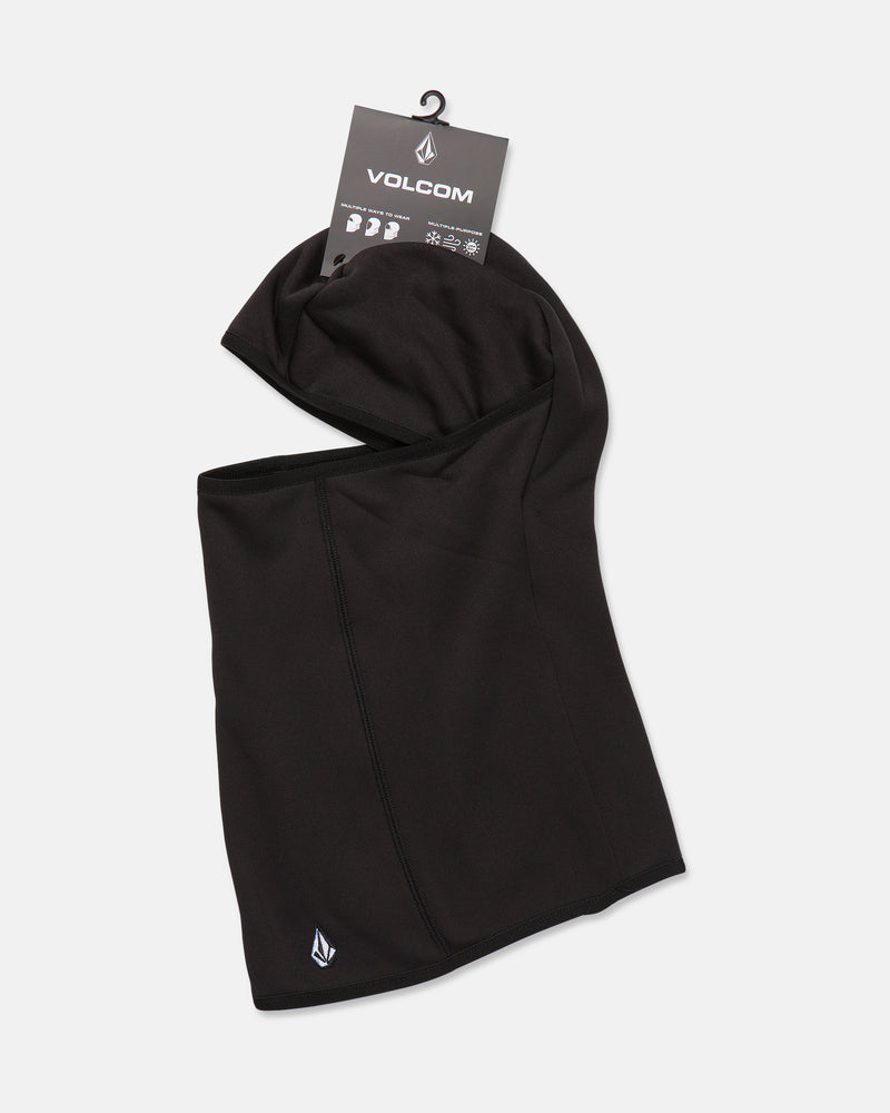 A black Volcom Men’s Face Pow neck gaiter with a hood is displayed flat against a white background, featuring the product tag attached at the top. Designed as a pull-over balaclava, this versatile piece for men showcases the Volcom logo on the lower corner.