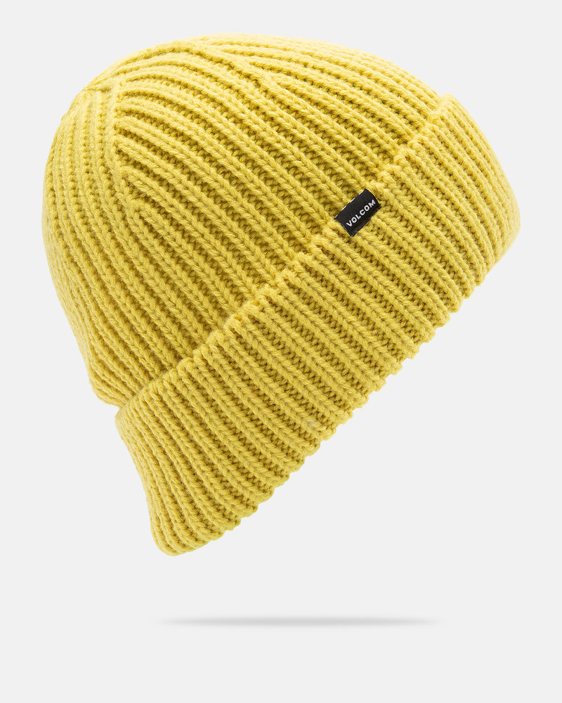 A vibrant yellow Men’s Roller Beanie by Volcom, crafted from acrylic knit and featuring a folded brim with a small black Volcom label on the edge, displayed against a plain white background. This versatile beanie is the perfect accessory to elevate any casual outfit.