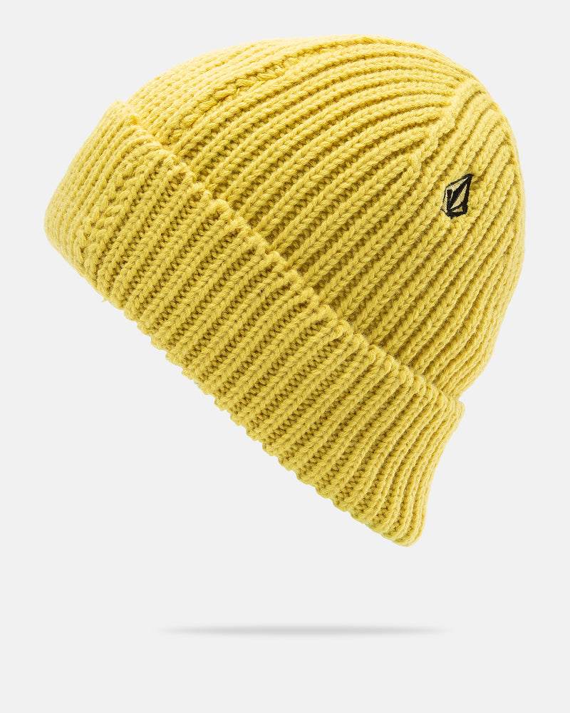 The Men’s Roller Beanie by Volcom is a yellow acrylic knit hat featuring a folded brim and a small black embroidered logo on one side, shown against a plain white background.