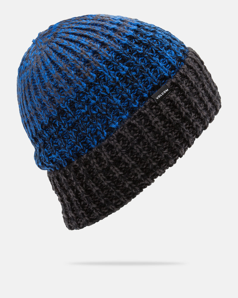 The Volcom Men’s Stone Chroma Beanie features a stylish knit design with the top half in blue and the bottom half in black, complete with a small black Volcom tag on the side. This beanie offers a comfortable slouch fit for effortless style.