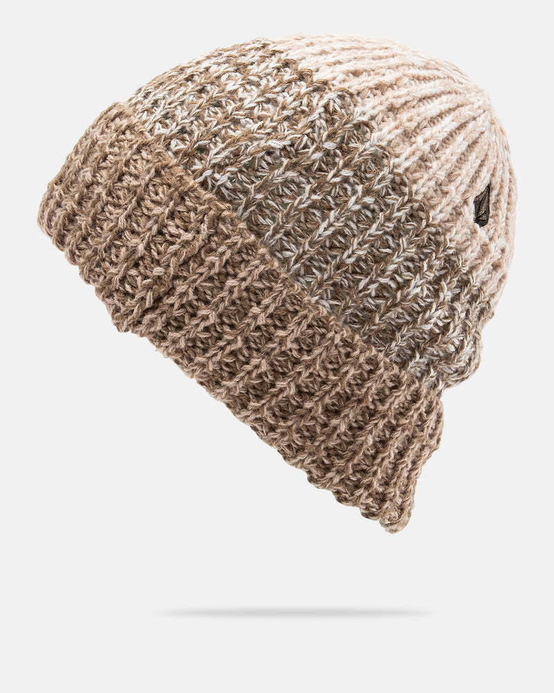 The Volcom Men’s Stone Chroma Beanie, shown in brown and beige with a ribbed pattern and a small dark side tag, is displayed on a white background in an easygoing slouch fit.