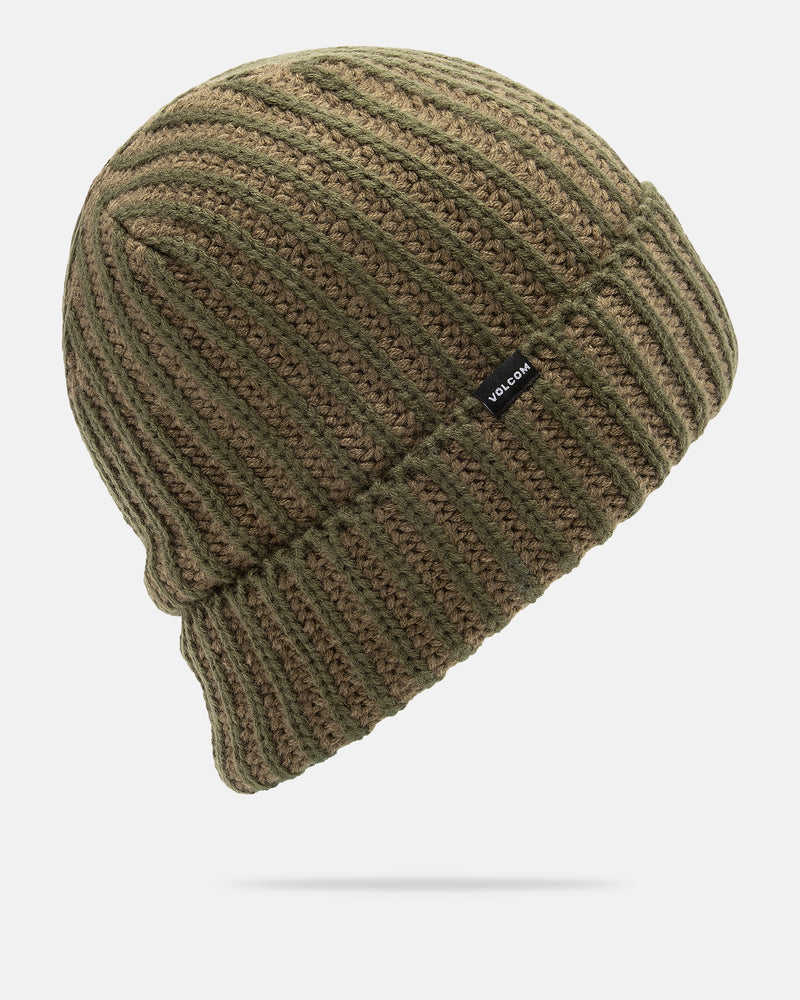 The Men’s Knit Stoned Beanie from Volcom features an olive green color with a thick ribbed texture and a small black Volcom tag on the side. Displayed against a plain white background, this slouch fit beanie offers everyday comfort and distinctive Volcom style.