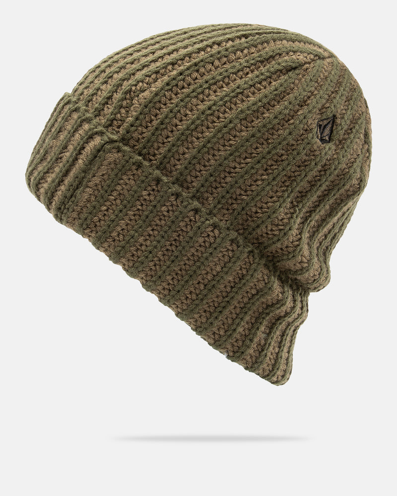 The Men’s Knit Stoned Beanie by Volcom features a ribbed, olive green knit design with a folded brim and a small black logo patch on the side, offering understated street style and comfort. The beanie is presented against a plain white background.