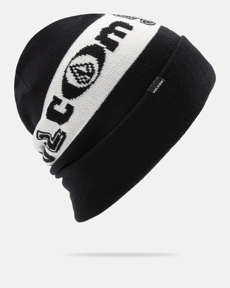 The Men’s Stone Funk Beanie by Volcom features a bold black and white design, a thick folded brim, and prominent text alongside the signature Volcom stone logo on the main band. This stylish beanie is presented against a plain white background.