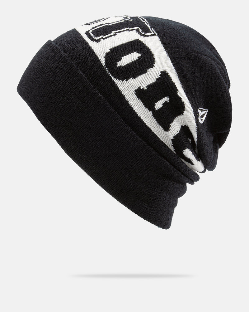 A Men’s Stone Funk Beanie by Volcom in black knit, featuring bold white Volcom lettering and a small geometric logo on the side, photographed against a plain white background.