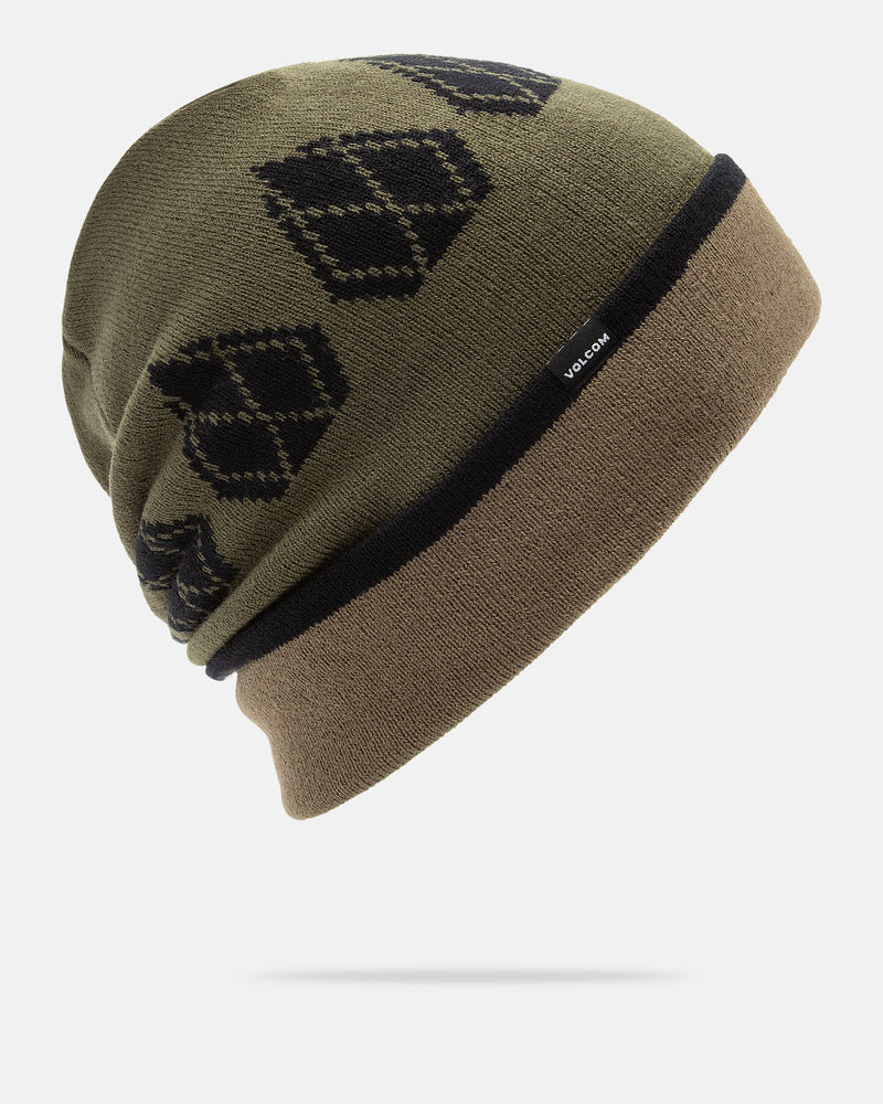 The Men’s Stone Funk Beanie by Volcom in olive green and brown showcases a black diamond pattern and features a small Volcom tag on the brim. Crafted from soft-stretch knit with a modern slouch fit, it is displayed isolated against a light background.