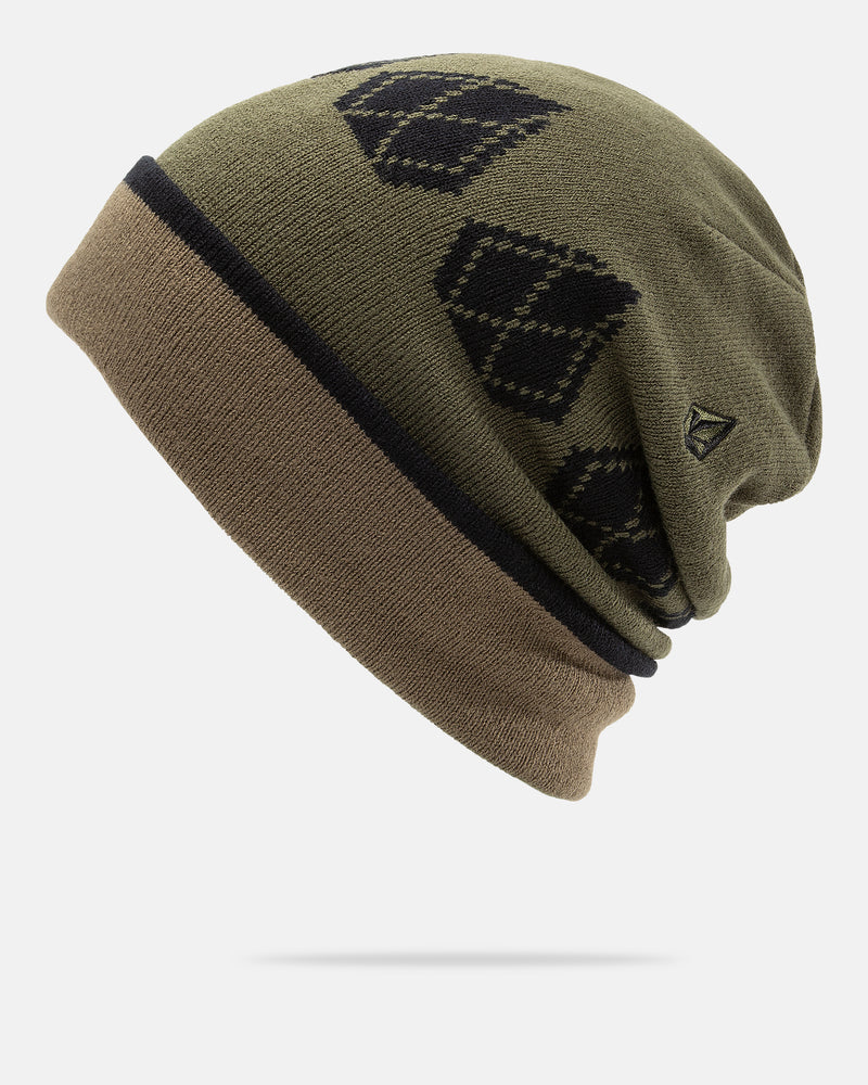 The Men’s Stone Funk Beanie by Volcom, shown in olive green and brown with a black diamond pattern and a small logo patch on the side, is crafted from soft-stretch knit in a modern slouch fit and displayed against a white background.