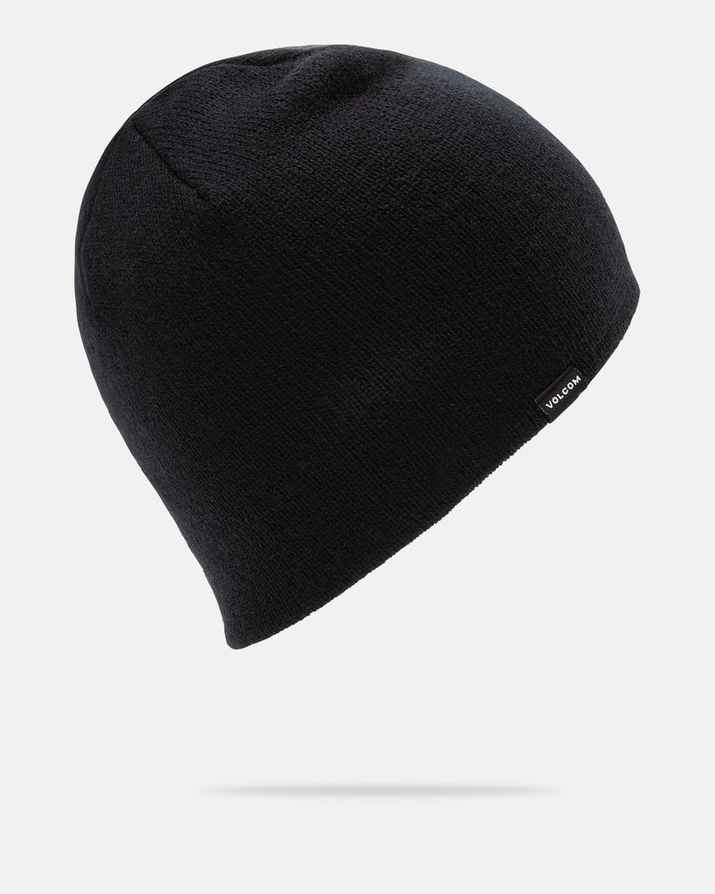 The Men’s V.Co Skull Beanie by Volcom is a classic black acrylic knit beanie, featuring a small black side tag with the Volcom brand name, displayed against a clean white background.