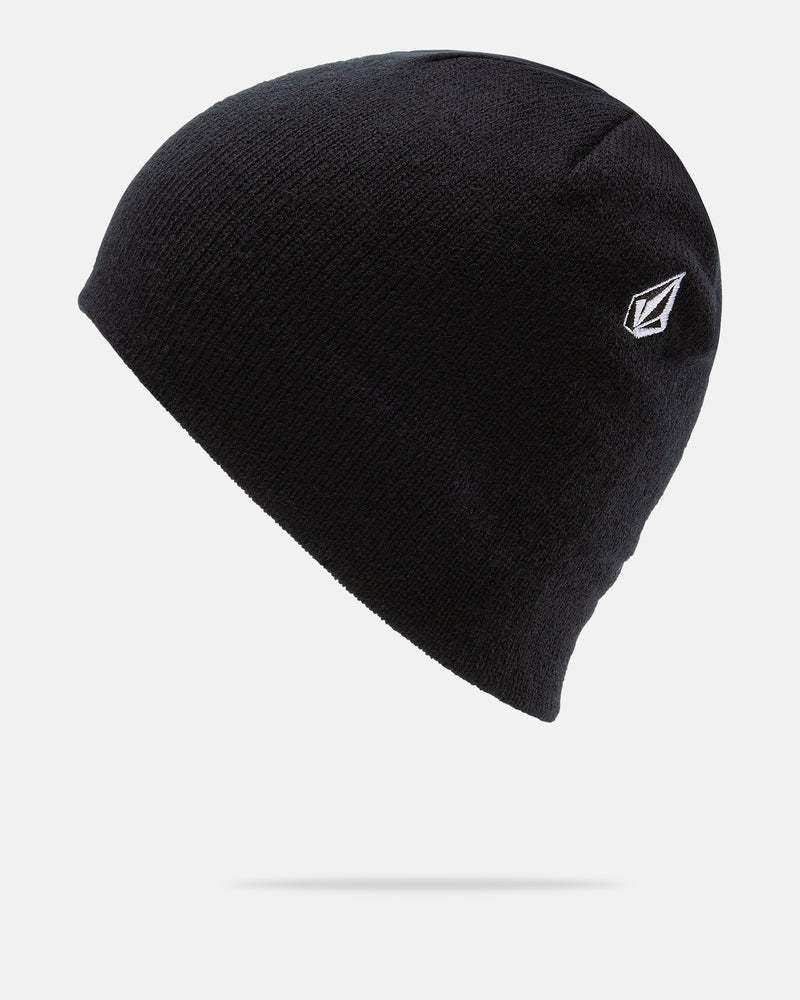 The Men’s V.Co Skull Beanie by Volcom is a plain black acrylic knit beanie featuring a small white geometric Volcom logo on the side, shown against a light background.