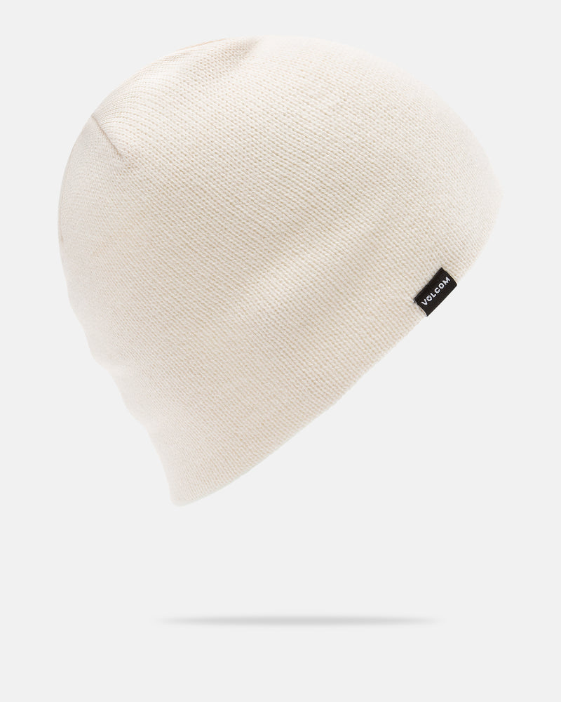 A simple, off-white acrylic knit beanie with a small black Volcom tag floats above a light gray background with a soft drop shadow, presenting a minimalist take on the classic Men’s V.Co Skull Beanie style.