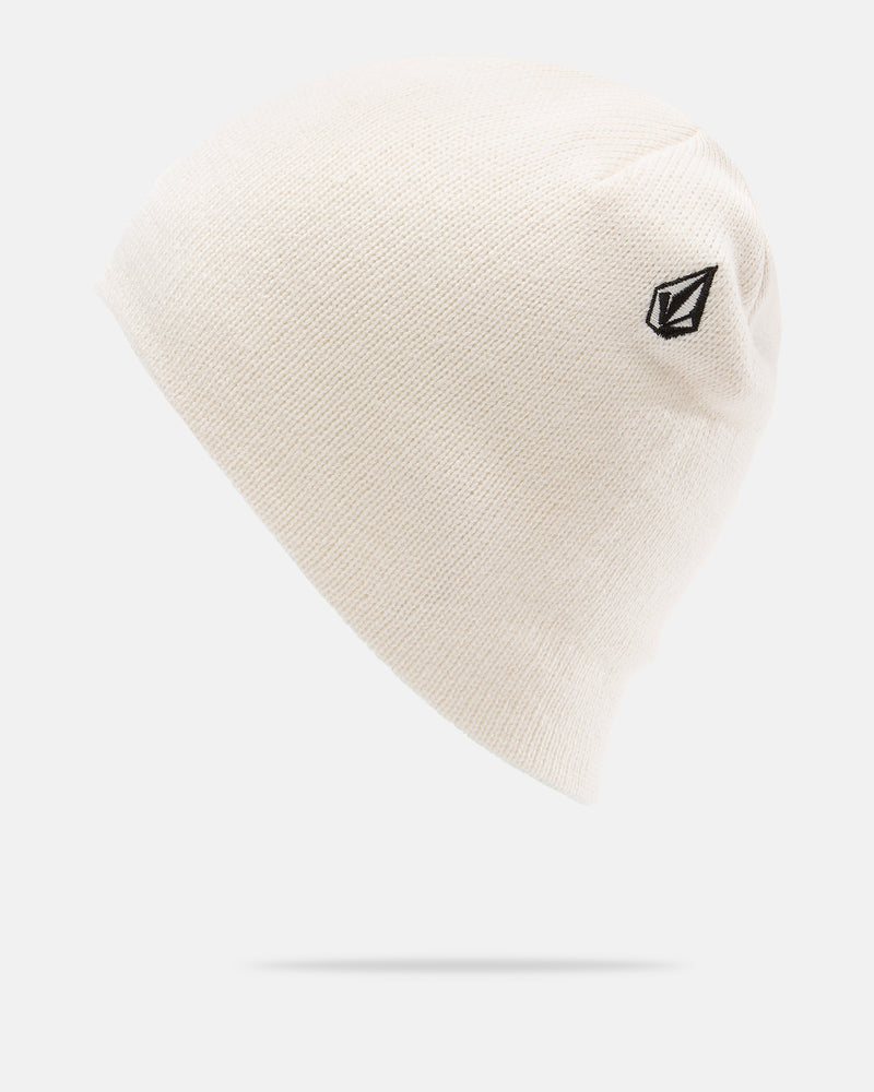 The Men’s V.Co Skull Beanie by Volcom is a plain off-white acrylic knit hat featuring a small black geometric Volcom logo embroidered on the side, shown against a light gray background.