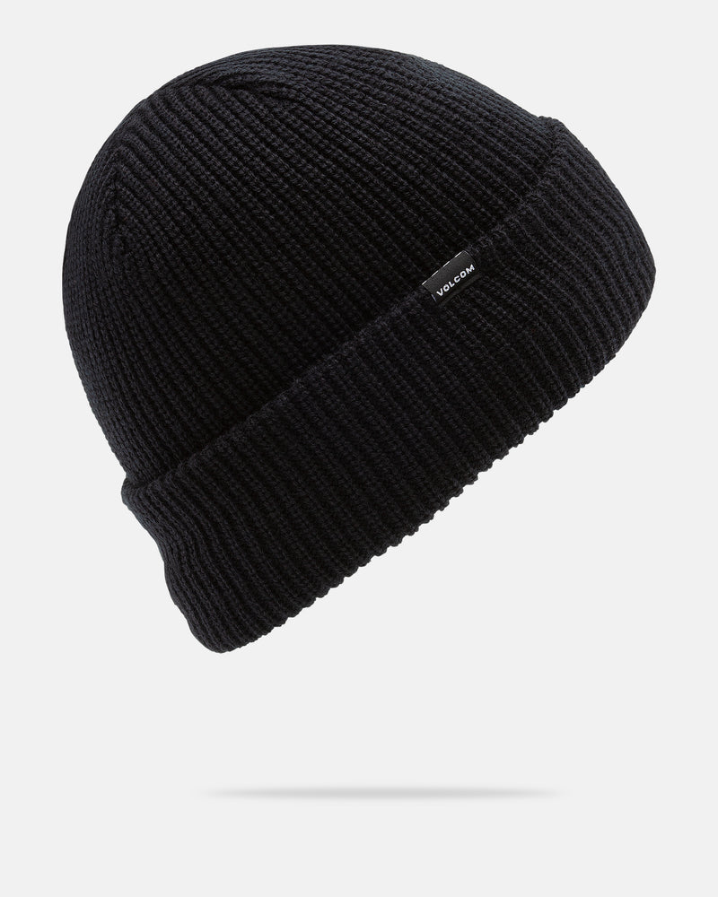 The Volcom Men’s Sweep Lined Beanie is a black, ribbed knit hat for men featuring a folded cuff and a small rectangular Volcom logo tag on the side, along with a warm fleece lining for added comfort. It is displayed on a white background.