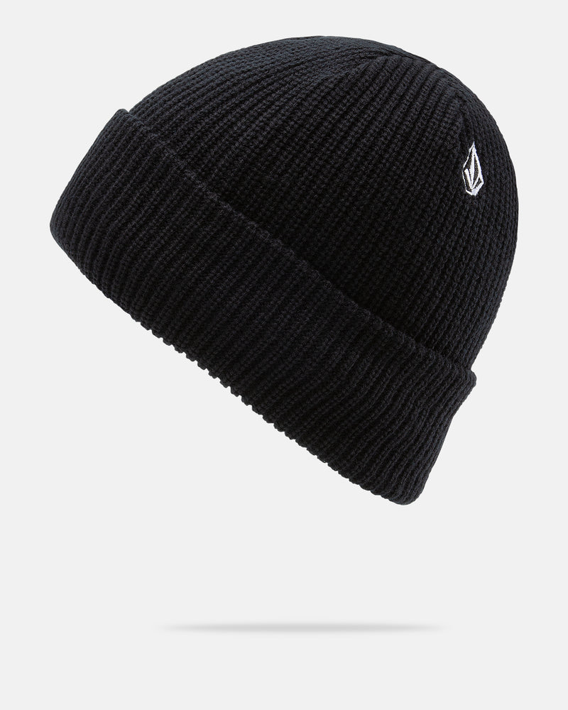 The Volcom Men’s Sweep Lined Beanie is a black knit hat for men, designed with a folded brim and finished with a small white embroidered Volcom logo on the side. It features a cozy fleece lining and is shown against a light gray background.