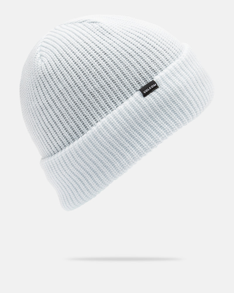 The Men’s Sweep Lined Beanie by Volcom is a light blue ribbed knit beanie for men, featuring a cozy fleece lining, a folded cuff, and a small black Volcom logo tag on the front. It is displayed against a plain white background with a soft shadow underneath.
