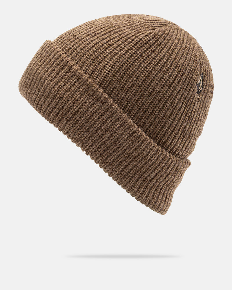 The Volcom Men’s Sweep Lined Beanie, featuring a ribbed brown knit design, a folded cuff, and a small metallic logo on the side, is displayed on a plain white background.