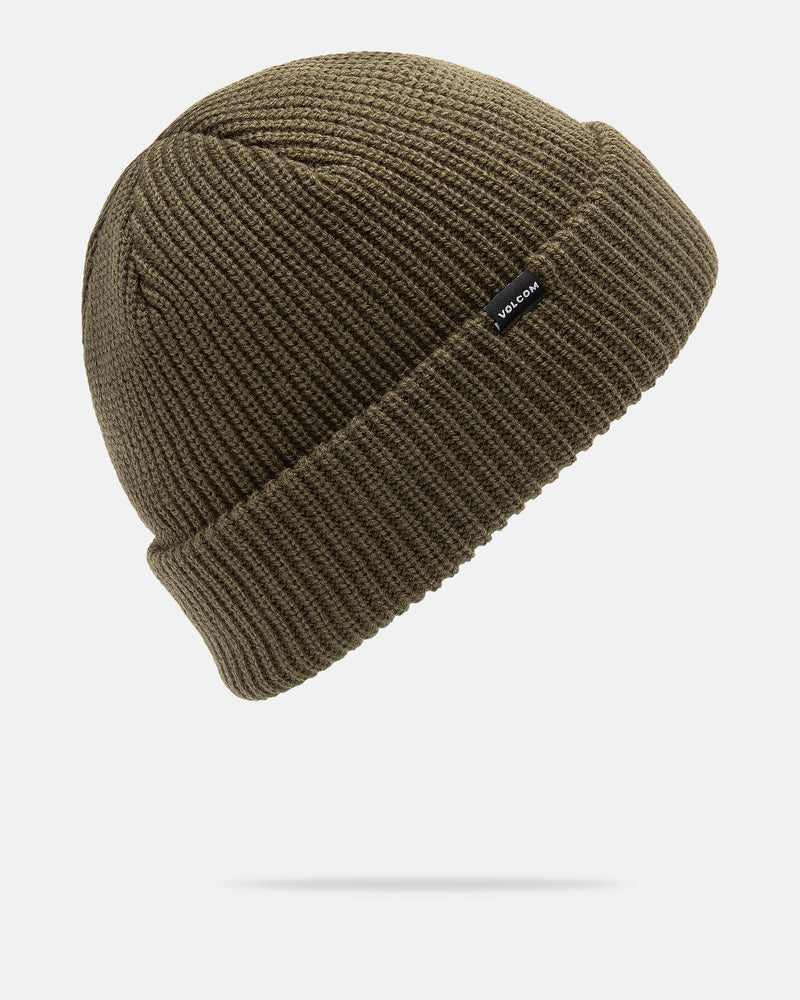 The Volcom Men’s Sweep Beanie is a brown ribbed knit acrylic hat with a standard fit, featuring a folded brim and a small black Volcom label, displayed on a plain white background.
