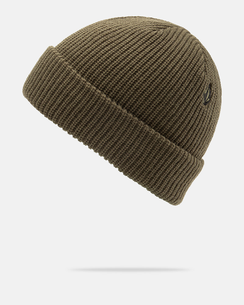 The Volcom Men’s Sweep Beanie is a brown ribbed knit acrylic hat featuring a folded cuff and a discreet black Volcom logo on the side, shown against a white background. This standard fit accessory offers both comfort and style for everyday wear.