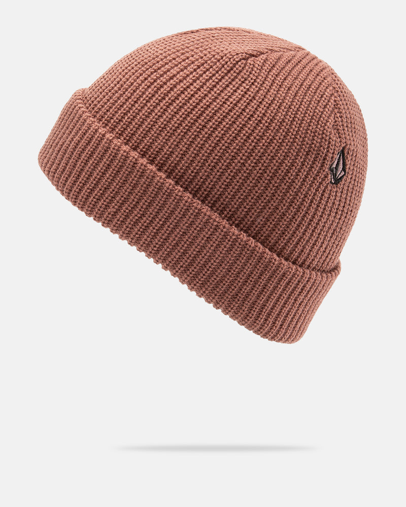 The Men’s Sweep Beanie by Volcom is a brown ribbed knit acrylic hat featuring a folded cuff and a small black-and-white Volcom logo patch on the side, shown against a white background. This standard fit beanie delivers both comfort and everyday style.