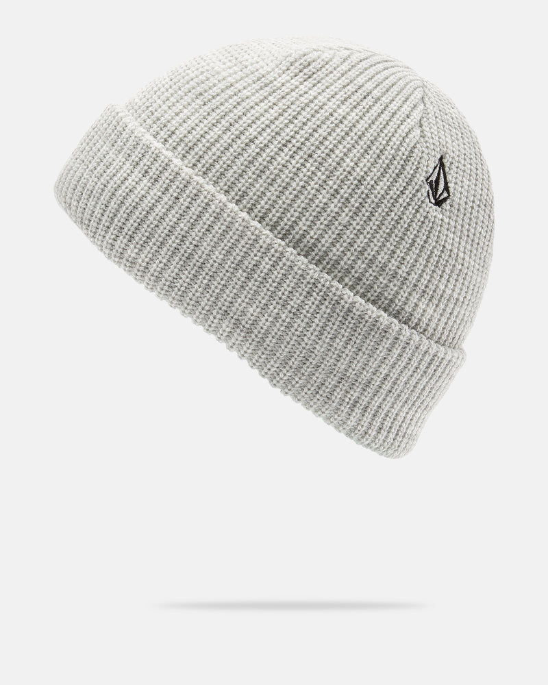The Men’s Sweep Beanie by Volcom is a light gray knit beanie featuring a folded brim and a small black stitched Volcom logo on the side. Made from cozy acrylic for comfort, this standard fit beanie is displayed against a white background.