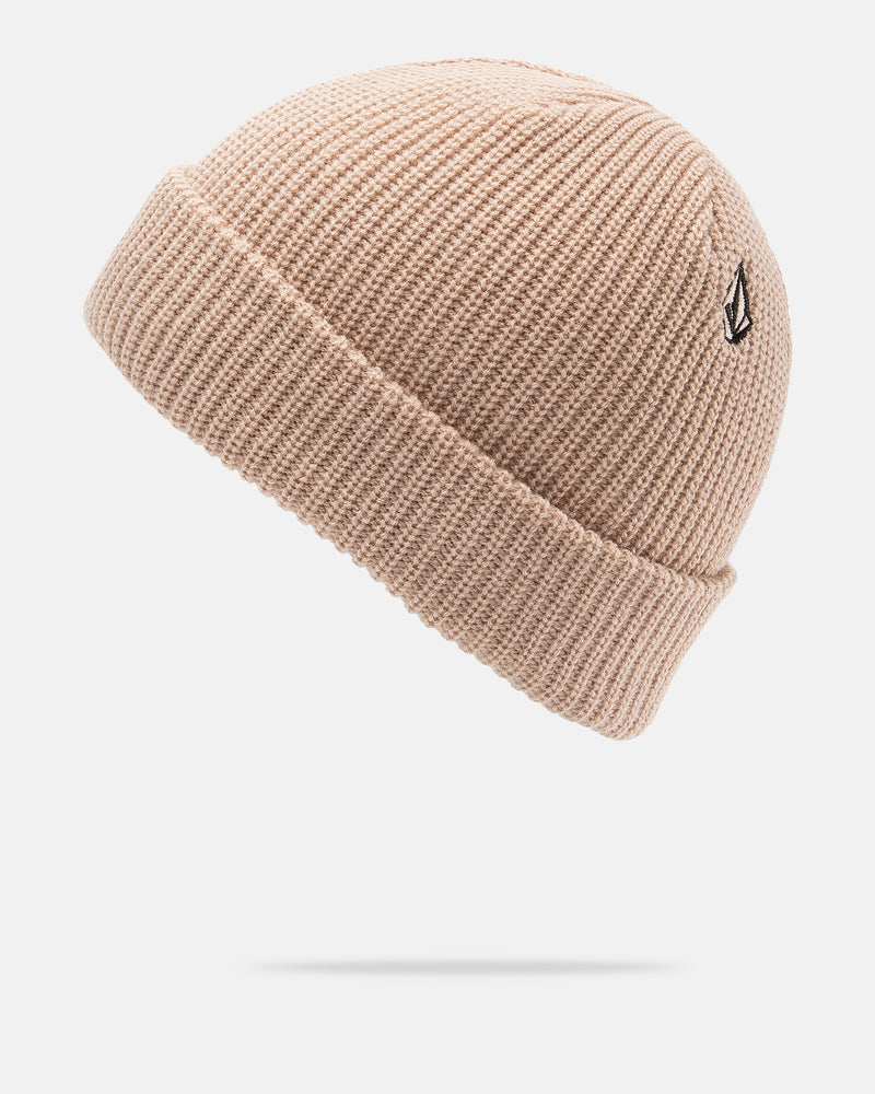 The Men’s Sweep Beanie by Volcom is a beige acrylic beanie with a folded brim, featuring a small black embroidered Volcom logo on the side, shown isolated on a white background.
