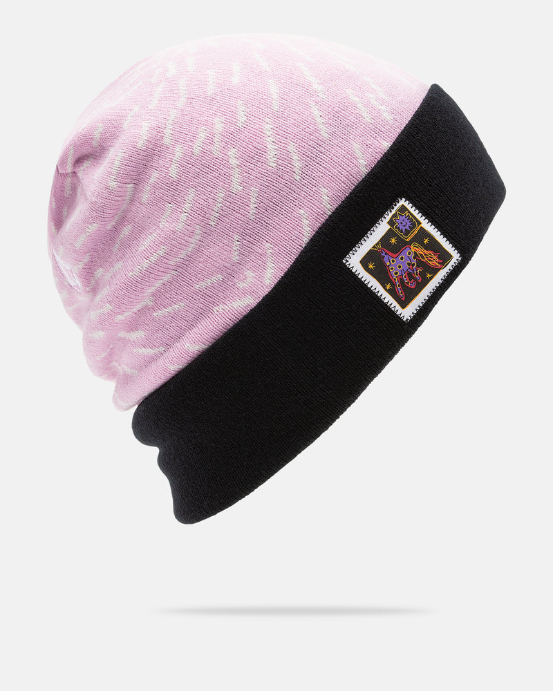 Introducing the Volcom Men’s Team Beanie—a pink and black beanie featuring striking white streak patterns and a rectangular patch with colorful designs on its black cuff. Inspired by Arthur Longo, this soft, stretchy knit accessory delivers standout style and cozy comfort.
