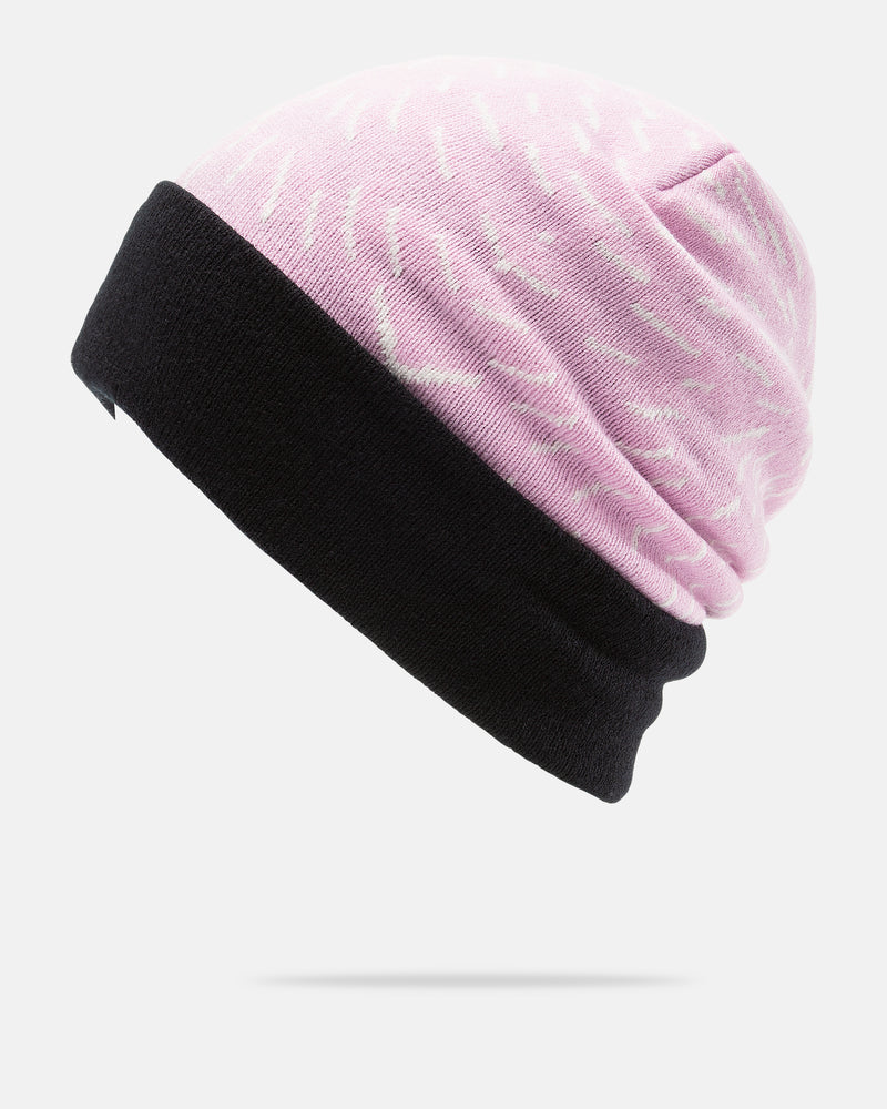 The Men’s Team Beanie by Volcom is a pink beanie hat featuring white streak patterns and a wide black folded cuff, crafted from soft stretchy knit, displayed on a white background.
