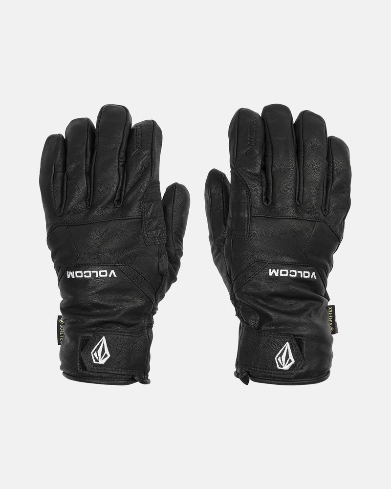 A pair of Men’s Gaaas Gore-Tex Gloves by Volcom in black, featuring white logos and branding and a durable leather palm, displayed palms down on a white background.