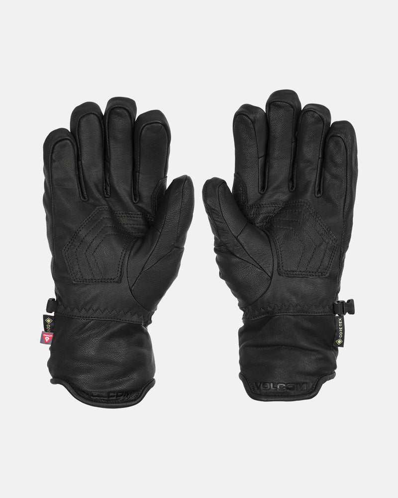 A pair of Men’s Gaaas Gore-Tex Gloves by Volcom in black leather, shown from the top with palms facing down. Each glove features a durable leather palm and small fabric tags attached to the cuffs, with visible stitching detail.
