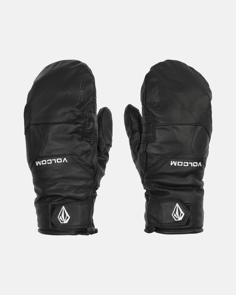 A pair of Men’s Gaaas Gore-Tex Mitts by Volcom in black, featuring PrimaLoft insulation, a geometric Volcom logo near the cuffs, and VOLCOM branding on the back of each mitten, displayed on a plain white background.