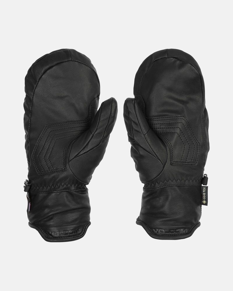 A pair of Men’s Gaaas Gore-Tex Mitts by Volcom in black leather with visible stitching and Gore-Tex tags, featuring a durable leather palm and PrimaLoft insulation, displayed palm up and palm down on a white background.