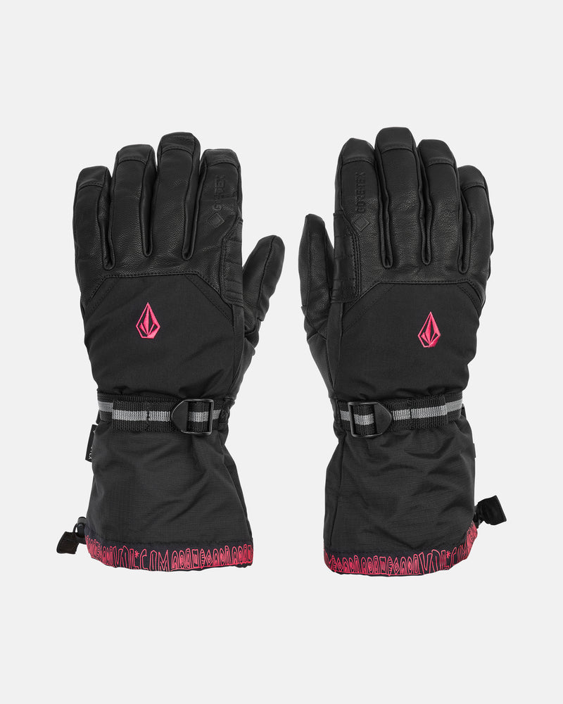 A pair of Volcom Men’s 91 Gore-Tex Gloves in black with pink logo and trim, featuring Primaloft insulation for superior warmth, adjustable wrist straps, and reinforced palms, displayed on a white background.