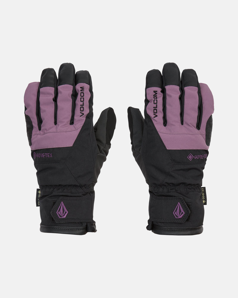 A pair of Volcom Men’s Cp2 GORE-TEX Gloves in black and purple is shown from both the back and palm sides, highlighting their waterproof design for men, displayed on a white background.