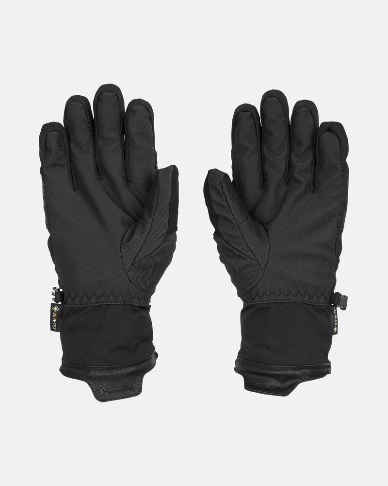 A pair of Volcom Men’s Cp2 Gore-Tex black insulated winter gloves with adjustable wrist straps, shown palm up and palm down on a white background.