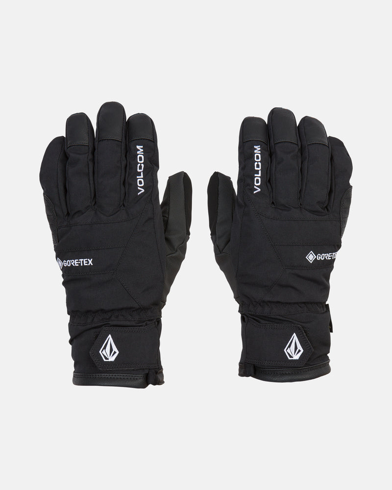 A pair of black Volcom Men’s Cp2 Gore-Tex Gloves, shown palm down on a white background. Both waterproof gloves feature the Volcom brand logos and text on the upper side.
