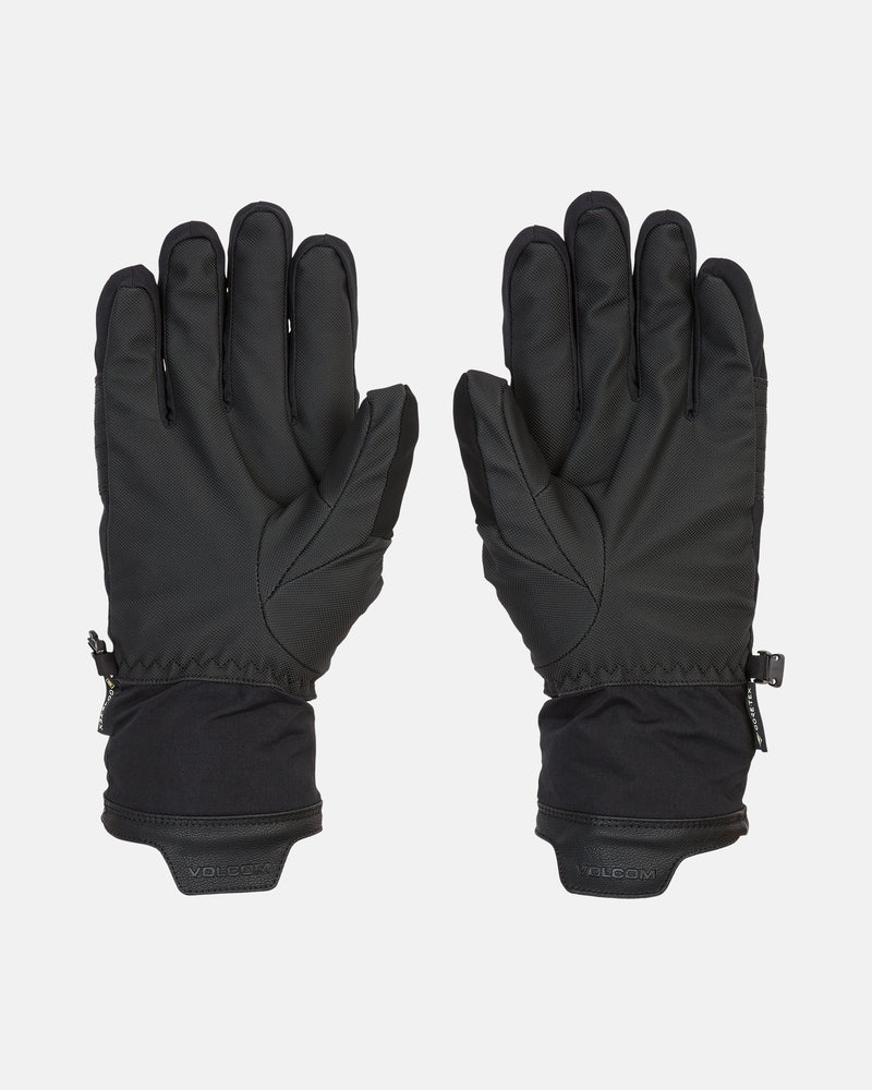 A pair of Volcom Men’s Cp2 Gore-Tex Gloves in black, featuring textured detailing on the fingers and a small clip connecting the wrists, are displayed palms up on a white background. These waterproof gloves are engineered to keep your hands warm and dry all winter long.