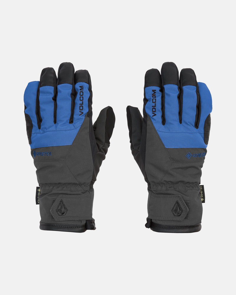 A pair of Men’s Cp2 Gore-Tex Gloves by Volcom, in black and blue, are shown palm down on a white background. These men’s ski gloves feature GORE-TEX technology for dependable waterproof protection.