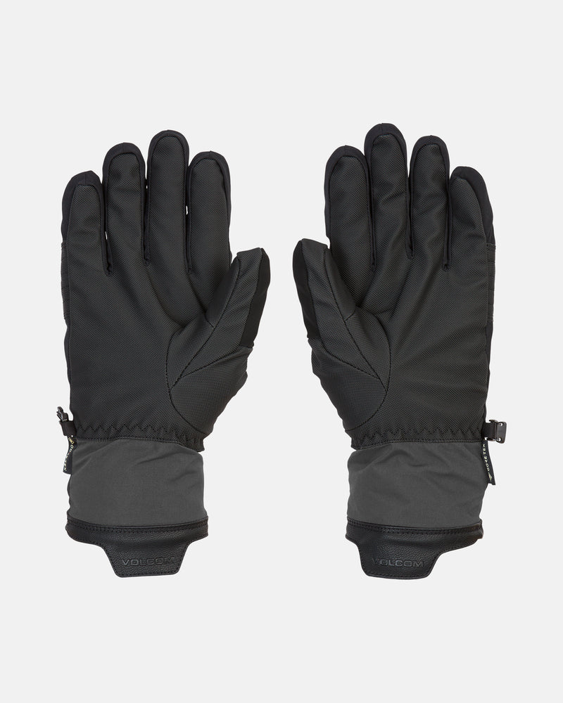 A pair of Volcom Men’s Cp2 Gore-Tex Gloves in black and gray, featuring adjustable wrist straps, is displayed palm-down against a plain white background.